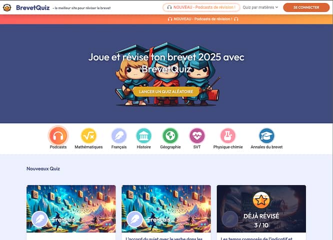 Site web BrevetQuiz - Préparation au brevet des collèges